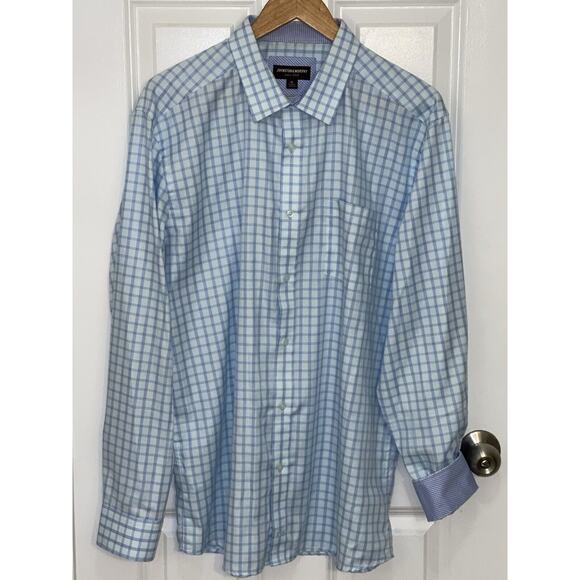 Johnston & Murphy Men’s Dress Shirt Blue Plaid Contrasting Flip Cuff Size XL - Picture 1 of 6